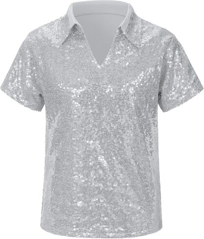 Kids Short Sleeve Sparkle Sequins for Boys Girls Polo Shirts Glitter Disco Jazz Hip Hop Tops in Saudi Arabia