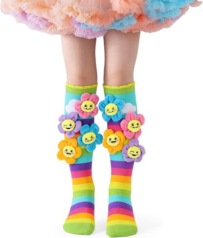 Crazy Socks for Kids Girls 3-12 Years – Rainbow Knee High Socks with 3D Plush Smiling Flowers, Silly Wacky Colorful Socks for Crazy Sock Day Birthday Gifts in Saudi Arabia