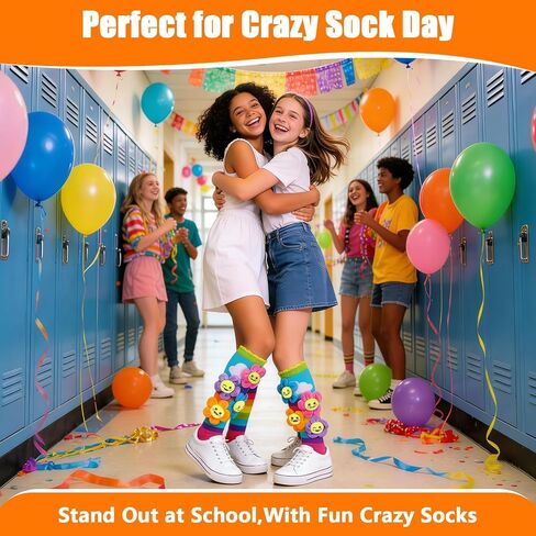 Crazy Socks for Kids Girls 3-12 Years – Rainbow Knee High Socks with 3D Plush Smiling Flowers, Silly Wacky Colorful Socks for Crazy Sock Day Birthday Gifts in Saudi Arabia