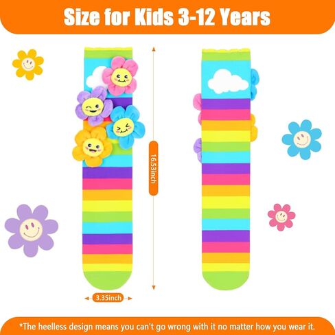 Crazy Socks for Kids Girls 3-12 Years – Rainbow Knee High Socks with 3D Plush Smiling Flowers, Silly Wacky Colorful Socks for Crazy Sock Day Birthday Gifts in Saudi Arabia