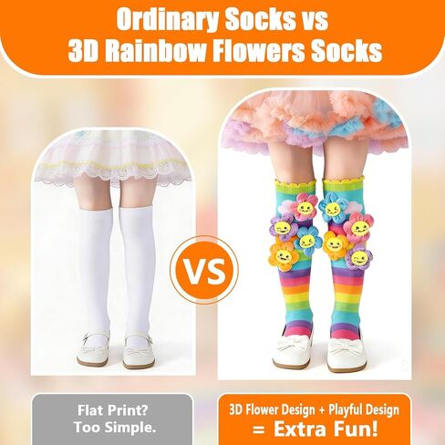 Crazy Socks for Kids Girls 3-12 Years – Rainbow Knee High Socks with 3D Plush Smiling Flowers, Silly Wacky Colorful Socks for Crazy Sock Day Birthday Gifts in Saudi Arabia