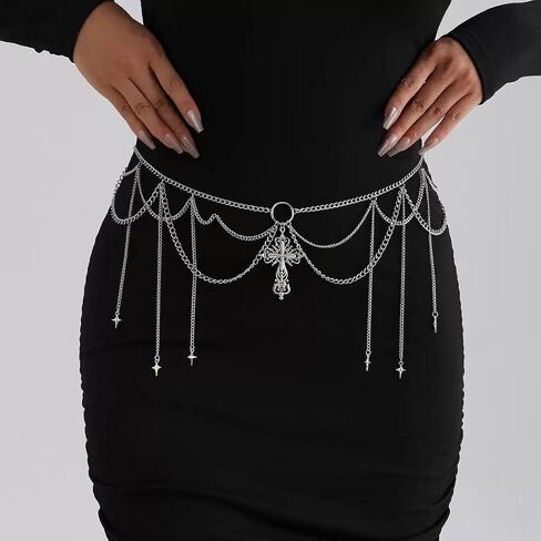 Cross Waist Chain Belt - Punk Gothic Crossover Body Belly Chains Tassel for Women Girl in Saudi Arabia