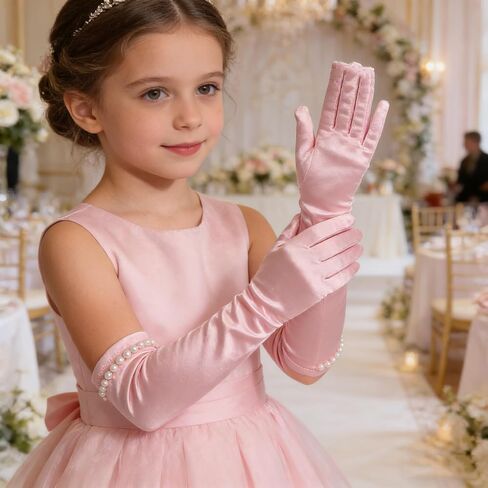 Stain Princess Gloves Flower Girls Wedding Gloves Elegant Formal Dress up Handwear for Communion Birthday Party for 6-10 Yrs in Saudi Arabia