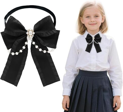 Black Bow Tie for Girls, Bowties with Pearls Adjustable Pre-tied Girls Tie for Dress Uniform Blouse Casual in Kuwait