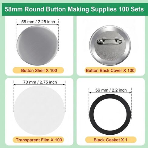 100 Pcs 58mm Metal Blank Button Parts with Clear Mylar Film - Fits Most 2.25 Inch Button Maker Machines, DIY Crafts for Gifts, Souvenirs & Event Favors in Kuwait