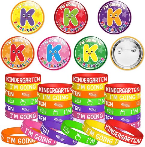 Preschool Graduation Party Favors - 56Pcs I'm Going to Kindergarten Button Pins with Silicone Bracelet Class of 2025 Congrats Grad Rubber Wristband Badges Pins for Kids Ceremony Exchange Reward Gift in Kuwait