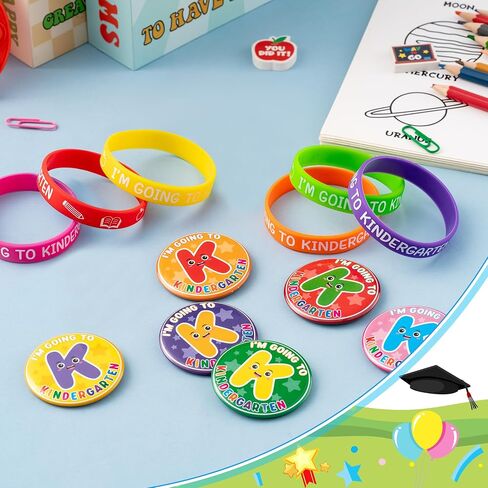 Preschool Graduation Party Favors - 56Pcs I'm Going to Kindergarten Button Pins with Silicone Bracelet Class of 2025 Congrats Grad Rubber Wristband Badges Pins for Kids Ceremony Exchange Reward Gift in Kuwait