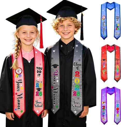 Custom Kindergarten Graduation Stole with Name Class of 2026 Kids Grad Sash Preschool Gift for Daughter Son in Kuwait