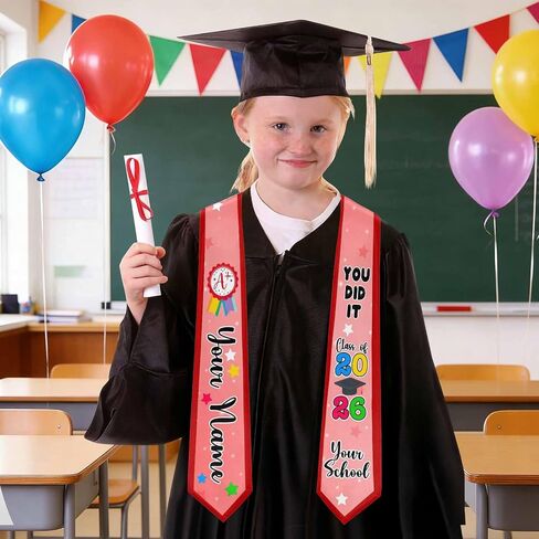 Custom Kindergarten Graduation Stole with Name Class of 2026 Kids Grad Sash Preschool Gift for Daughter Son in Kuwait