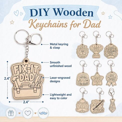 Fathers Day Crafts for Kids, 24 Pcs DIY Wooden Fathers Day Keychain Set with Watercolor Paint, Father's Day Craft for Kids Classroom, Father’s Day Craft Gifts from Kids to Dad in Saudi Arabia