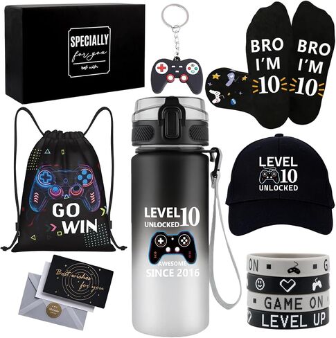10 Year Old Boy Gifts, Gifts for 10 Year Old Boys, Cool 10th Birthday Gift Ideas for Boys, Game Theme LEVEL 10 UNLOCKED Water Bottle Baseball Cap Socks Bag Keychain Wristbands for Son Nephew Grandson in Saudi Arabia