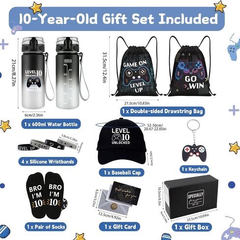 10 Year Old Boy Gifts, Gifts for 10 Year Old Boys, Cool 10th Birthday Gift Ideas for Boys, Game Theme LEVEL 10 UNLOCKED Water Bottle Baseball Cap Socks Bag Keychain Wristbands for Son Nephew Grandson in Saudi Arabia