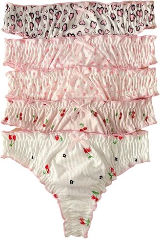 SHENHE Women's 5 Pack Thongs Cute Panties Frilly Lettuce Trim Tangas Kawaiia Underwear in Kuwait