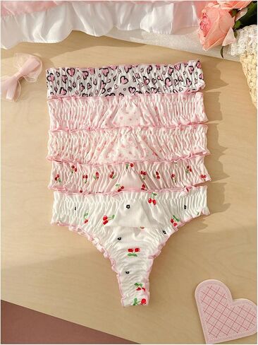 SHENHE Women's 5 Pack Thongs Cute Panties Frilly Lettuce Trim Tangas Kawaiia Underwear in Kuwait