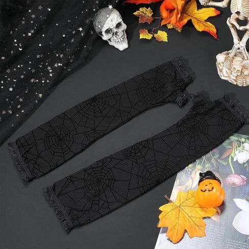 Black Mesh Gothic Fingerless Gloves Womens Spider Web Halloween Arm Sleeves Sheer Long Goth Punk Spiderweb Trendy Lace witch Ripped Arm Warmers for Women Cosplay Costume Party Accessories in Kuwait
