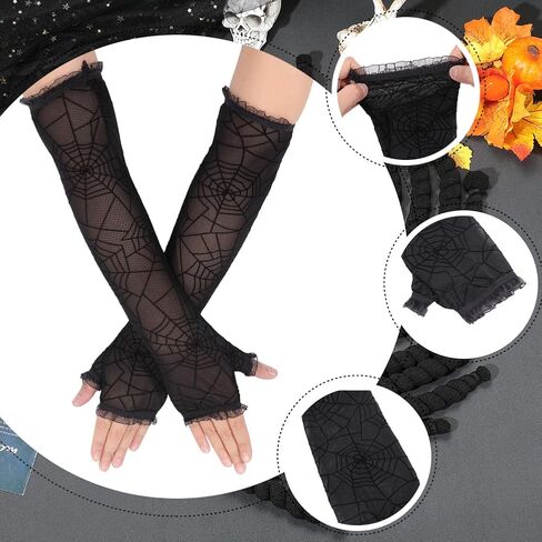 Black Mesh Gothic Fingerless Gloves Womens Spider Web Halloween Arm Sleeves Sheer Long Goth Punk Spiderweb Trendy Lace witch Ripped Arm Warmers for Women Cosplay Costume Party Accessories in Kuwait
