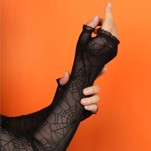 Black Mesh Gothic Fingerless Gloves Womens Spider Web Halloween Arm Sleeves Sheer Long Goth Punk Spiderweb Trendy Lace witch Ripped Arm Warmers for Women Cosplay Costume Party Accessories in Kuwait