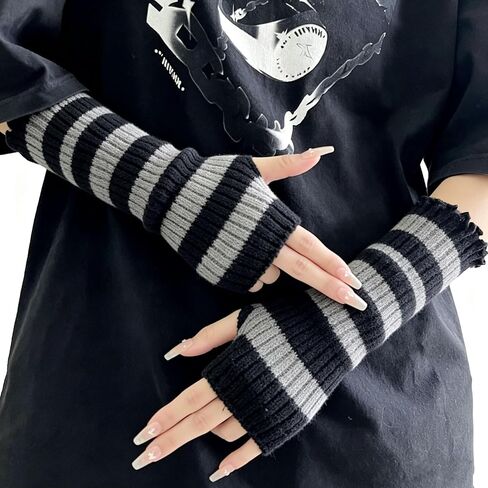 Punk Arm Warmers Goth Y2k Striped Knit Fingerless Grunge Gloves with Thumb Hole Japanese Harajuku Cosplay Style in Saudi Arabia