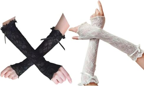 2Pcs Gothic Black White Lace Fingerless Arm Sleeves, Lolita Bow Mesh Gloves for Women, Y2k Arm Warmers for Wedding Prom Cosplay Daily Wear in Saudi Arabia