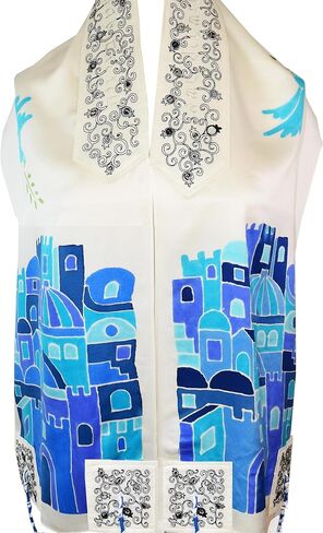 Jerusalem Blue Handpainted Silk Tallit Prayer Shawl in Kuwait