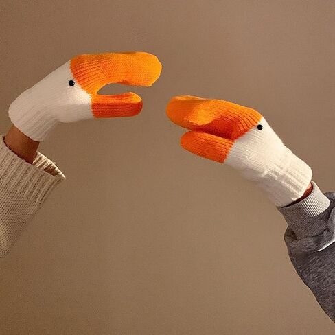 Winter Goose Mittens, Funny Novelty Silly Goose Graphic Design, Warm Fleece Lined Cute Knit Animal Gloves for Cold Weather in Kuwait