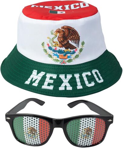 National Flag Printed Bucket Hat with Matching Flag Sunglasses, Soccer Fan Outdoor Sun Hat Set for Adults in Saudi Arabia