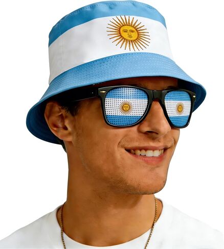 National Flag Printed Bucket Hat with Matching Flag Sunglasses, Soccer Fan Outdoor Sun Hat Set for Adults in Saudi Arabia