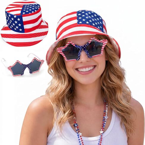 250 Anniversary USA Merchandise Patriotic Bucket Hat & Star Glasses Set, 4th of July Accessories Red White Blue American Flag Hat Sunglasses for Women Men, 2026 Independence Day Outfit Party Decor in Saudi Arabia