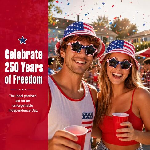 250 Anniversary USA Merchandise Patriotic Bucket Hat & Star Glasses Set, 4th of July Accessories Red White Blue American Flag Hat Sunglasses for Women Men, 2026 Independence Day Outfit Party Decor in Saudi Arabia