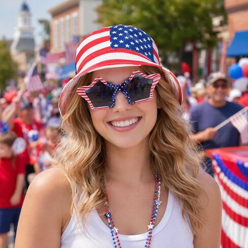 250 Anniversary USA Merchandise Patriotic Bucket Hat & Star Glasses Set, 4th of July Accessories Red White Blue American Flag Hat Sunglasses for Women Men, 2026 Independence Day Outfit Party Decor in Saudi Arabia