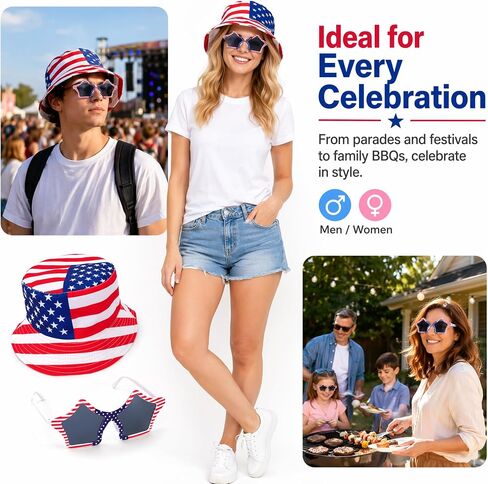 250 Anniversary USA Merchandise Patriotic Bucket Hat & Star Glasses Set, 4th of July Accessories Red White Blue American Flag Hat Sunglasses for Women Men, 2026 Independence Day Outfit Party Decor in Saudi Arabia