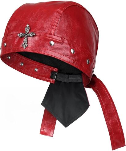 Women's Leather Biker Cap Adjustable Motorcycle Hat for Women Skull Cap Head Wrap Bandana Red in Saudi Arabia