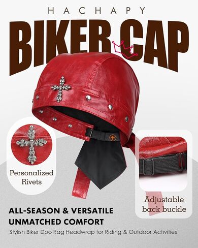 Women's Leather Biker Cap Adjustable Motorcycle Hat for Women Skull Cap Head Wrap Bandana Red in Saudi Arabia