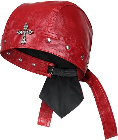 Women's Leather Biker Cap Adjustable Motorcycle Hat for Women Skull Cap Head Wrap Bandana Red in Saudi Arabia