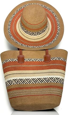 Women's Wide Brim Sun Hat UPF50 Straw Summer Floppy Beach Hat & Large Straw Beach Bag with Zipper Woven Tote Handbag Travel Vacation Accessories Khaki in Saudi Arabia