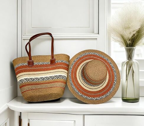 Women's Wide Brim Sun Hat UPF50 Straw Summer Floppy Beach Hat & Large Straw Beach Bag with Zipper Woven Tote Handbag Travel Vacation Accessories Khaki in Saudi Arabia