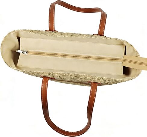 Women's Wide Brim Sun Hat UPF50 Straw Summer Floppy Beach Hat & Large Straw Beach Bag with Zipper Woven Tote Handbag Travel Vacation Accessories Khaki in Saudi Arabia