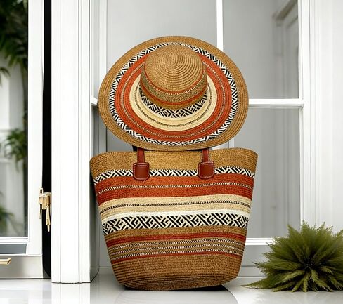 Women's Wide Brim Sun Hat UPF50 Straw Summer Floppy Beach Hat & Large Straw Beach Bag with Zipper Woven Tote Handbag Travel Vacation Accessories Khaki in Saudi Arabia