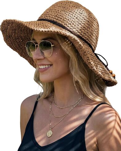 Hat Hut Floppy Beach Hat Crochet Straw Sun Hats for Women Wide Brim Handmade Summer Travel Hat Foldable Packable (US, Alpha, One Size, Khaki) in Saudi Arabia