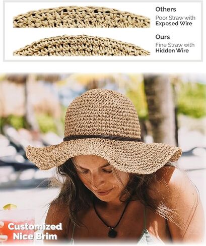 Hat Hut Floppy Beach Hat Crochet Straw Sun Hats for Women Wide Brim Handmade Summer Travel Hat Foldable Packable (US, Alpha, One Size, Khaki) in Saudi Arabia
