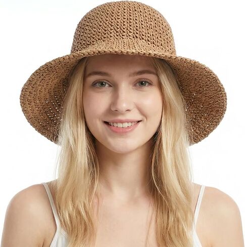 Straw Beach Sun Hats for Women Foldable Floppy Wide Brim Summer Travel Straw Sun Hat Packable Straw Bucket Hat in Kuwait