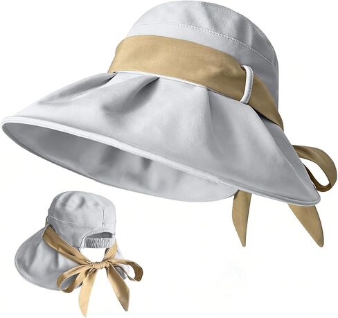 Women's Foldable Wide - Brim Bucket Sun Hat with Bow - Knot Decoration & Adjustable Elastic Strap & Ponytail Hole in Kuwait