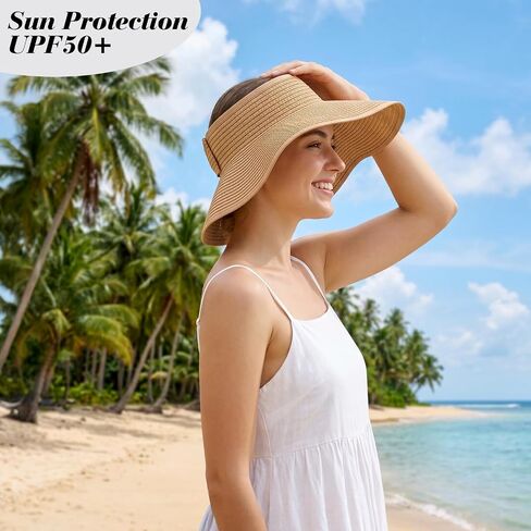 Fumwase Sun Visors for Women Straw Beach Hat Foldable Straw Wide Ponytail Summer Hats Adjustable Cooling Summer Cap in Kuwait