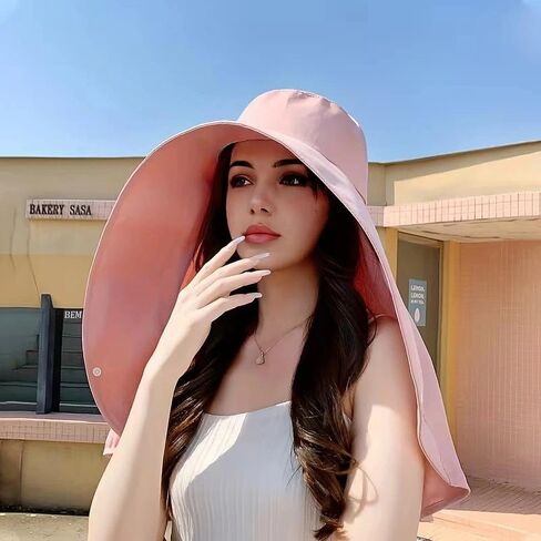 Wide Brim Sun Hat for Women – Elegant Summer Beach Hat, Lightweight & Stylish Travel Accessory, Perfect for Outdoor, Vacation, & Sun Protection(Pink) in Kuwait