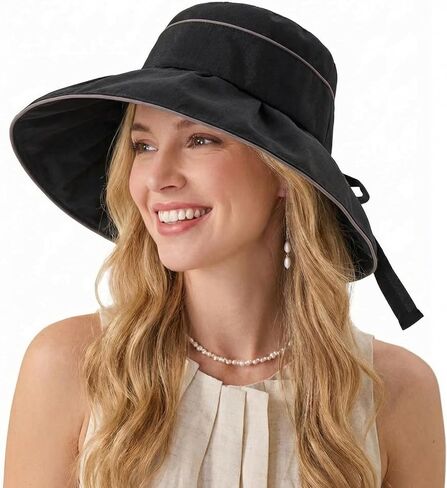 Women Summer Sun Hats Wide Brim Foldable Packable UPF 80+ UV Protection Travel Beach Outdoor Bucket Hat Bow Tie in Saudi Arabia