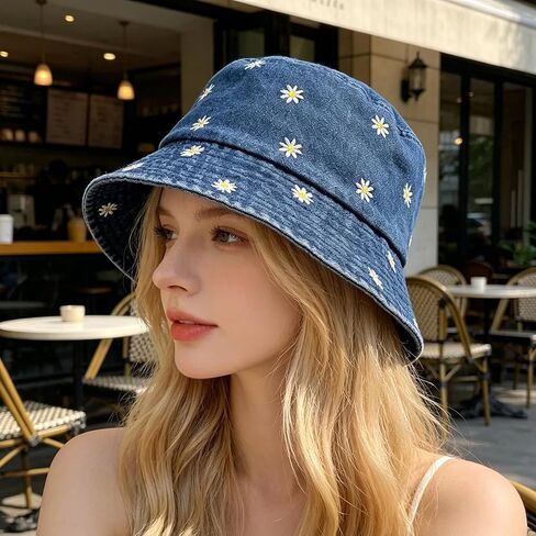 Womens Daisy Embroidered Denim Bucket Hat, Vintage Washed Navy Blue Fisherman Cap, Cute Floral Outdoor Sun Hat in Kuwait