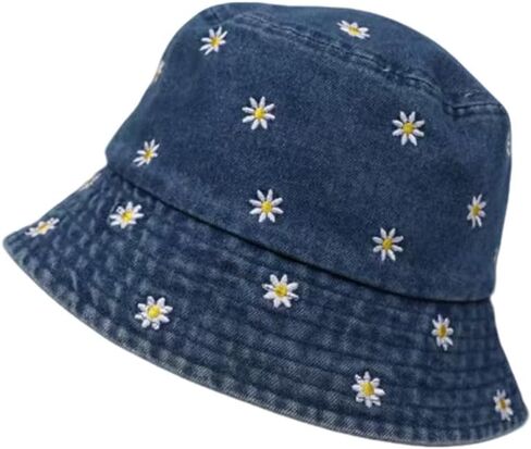 Womens Daisy Embroidered Denim Bucket Hat, Vintage Washed Navy Blue Fisherman Cap, Cute Floral Outdoor Sun Hat in Kuwait