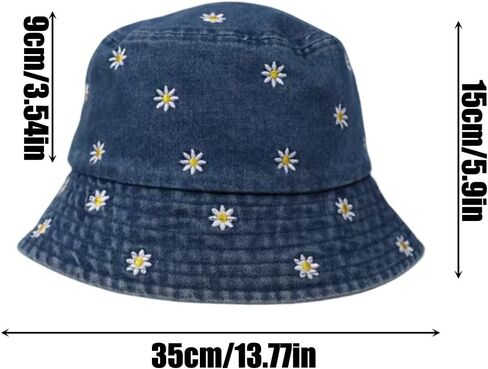 Womens Daisy Embroidered Denim Bucket Hat, Vintage Washed Navy Blue Fisherman Cap, Cute Floral Outdoor Sun Hat in Kuwait