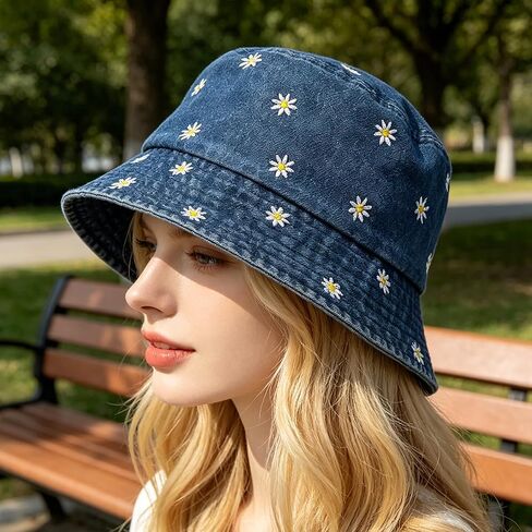 Womens Daisy Embroidered Denim Bucket Hat, Vintage Washed Navy Blue Fisherman Cap, Cute Floral Outdoor Sun Hat in Kuwait