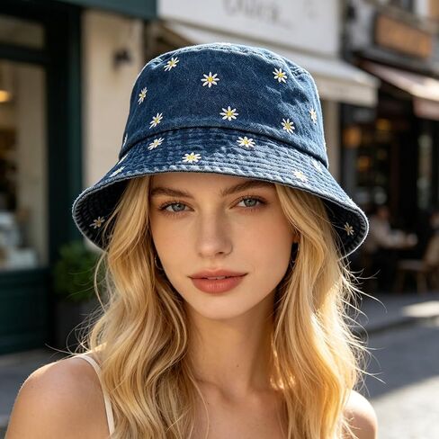 Womens Daisy Embroidered Denim Bucket Hat, Vintage Washed Navy Blue Fisherman Cap, Cute Floral Outdoor Sun Hat in Kuwait